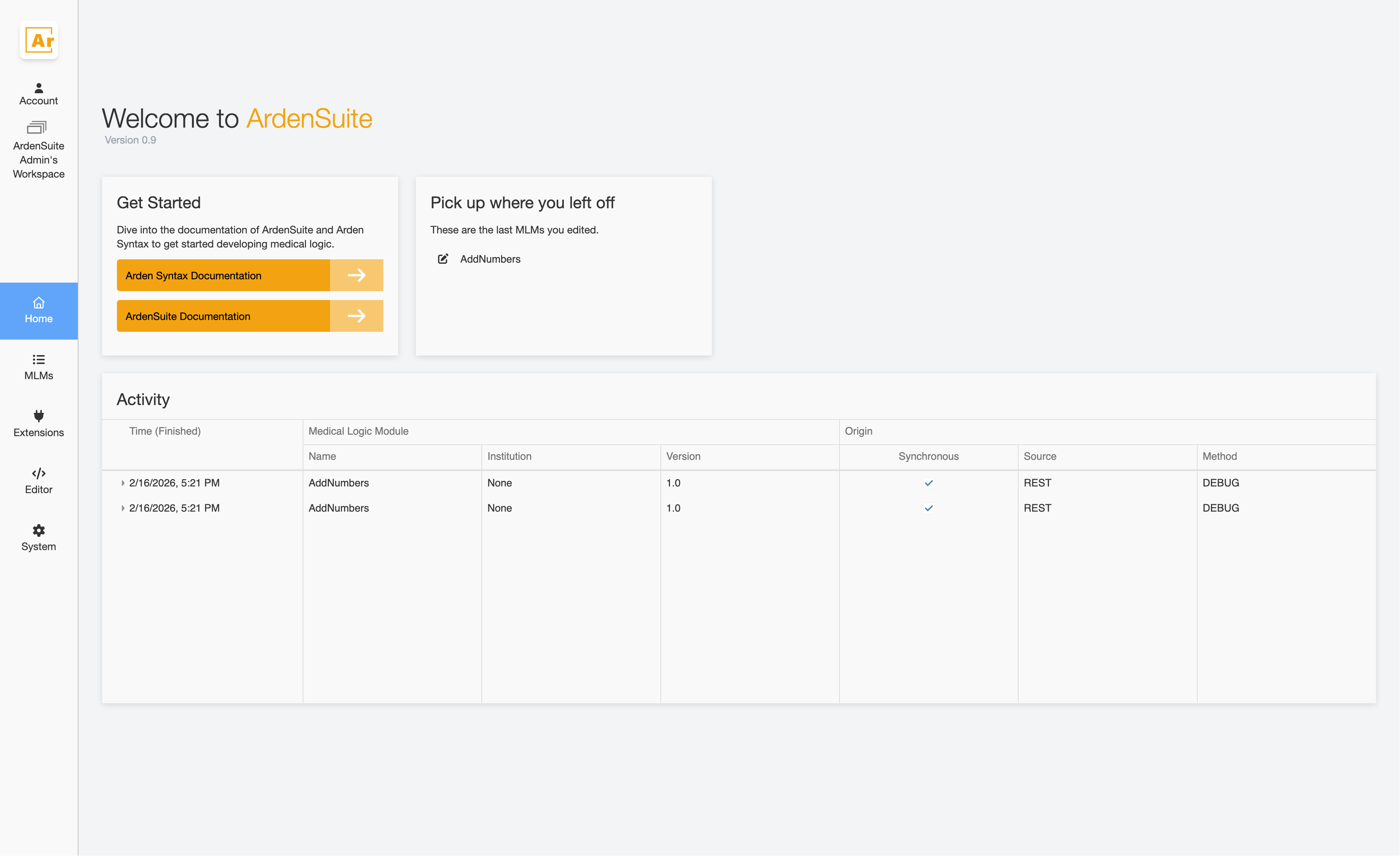 ArdenSuite Dashboard