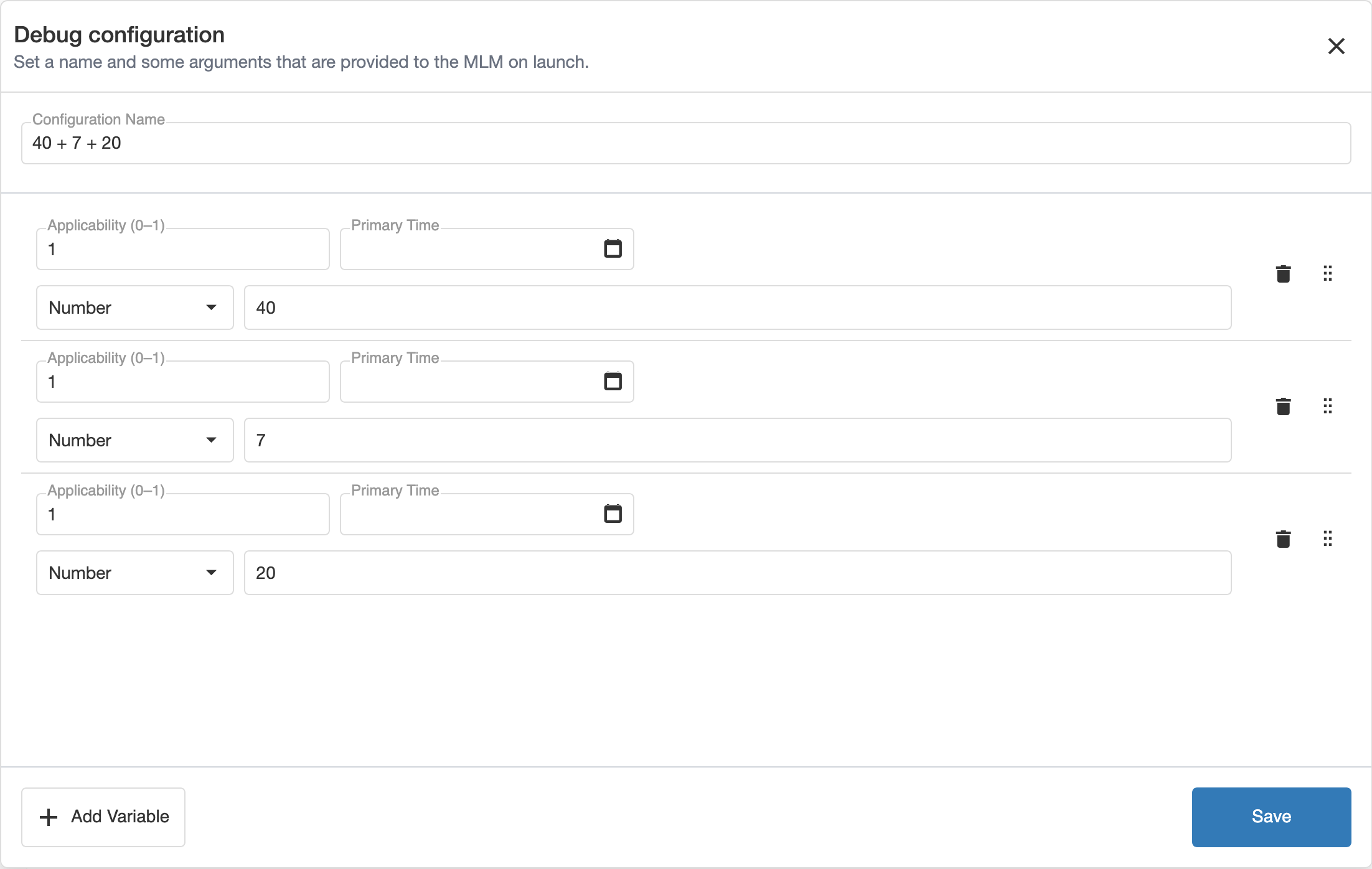 Debug configuration popup